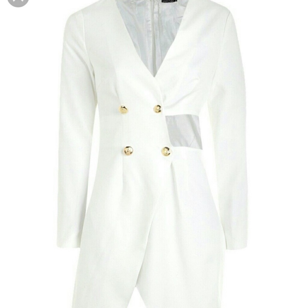 Mini white blazer dress with gold button details and waist cutout